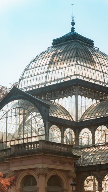 The image depicts a large ornate glass conservatory or greenhouse structure with a prominent domed roof and intricate metal framework, situated beneath clear sky light. The structure features multiple curved glass panels supported by decorative ironwork arches, with a small spire at the top of the central dome. It is located adjacent to a building with classical architectural details, including arched windows and decorative molding. Inside, the conservatory appears to be a space for plant growth or display, but the interior is not clearly visible in this image. The scene is well-lit by natural daylight, highlighting the transparency of the glass and the details of the metal framework. This type of structure is commonly associated with historic parks or botanical gardens and is used in heritage buildings for aesthetic and functional purposes related to plant conservation and display. For home relocation projects involving such buildings, furniture transport and packing processes would require careful planning, as evidenced by the sturdy glass and metal construction seen here, often handled by professional removals like Crystal Palace Man and Van.